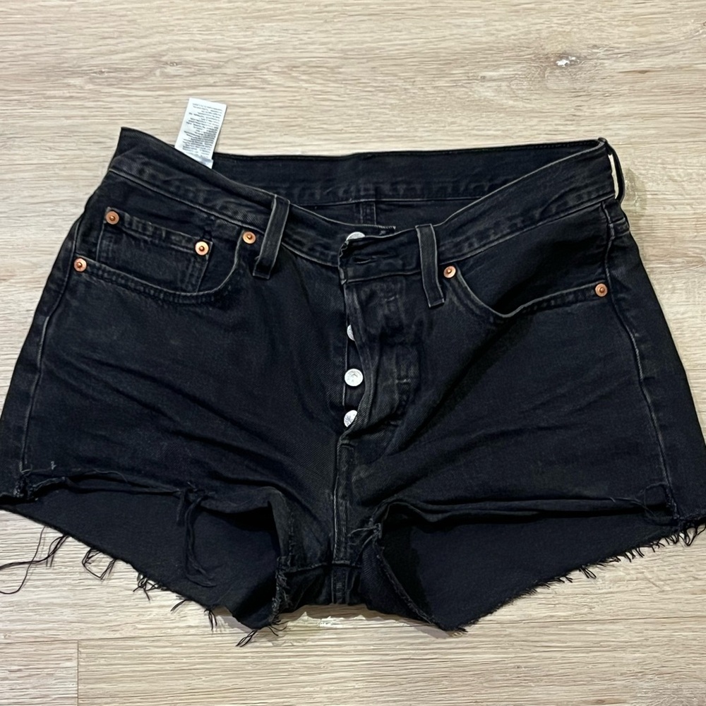 Levi's Women's 501 Button Fly Black Cut off Size 28 Raw Hem Cotton Denim Shorts